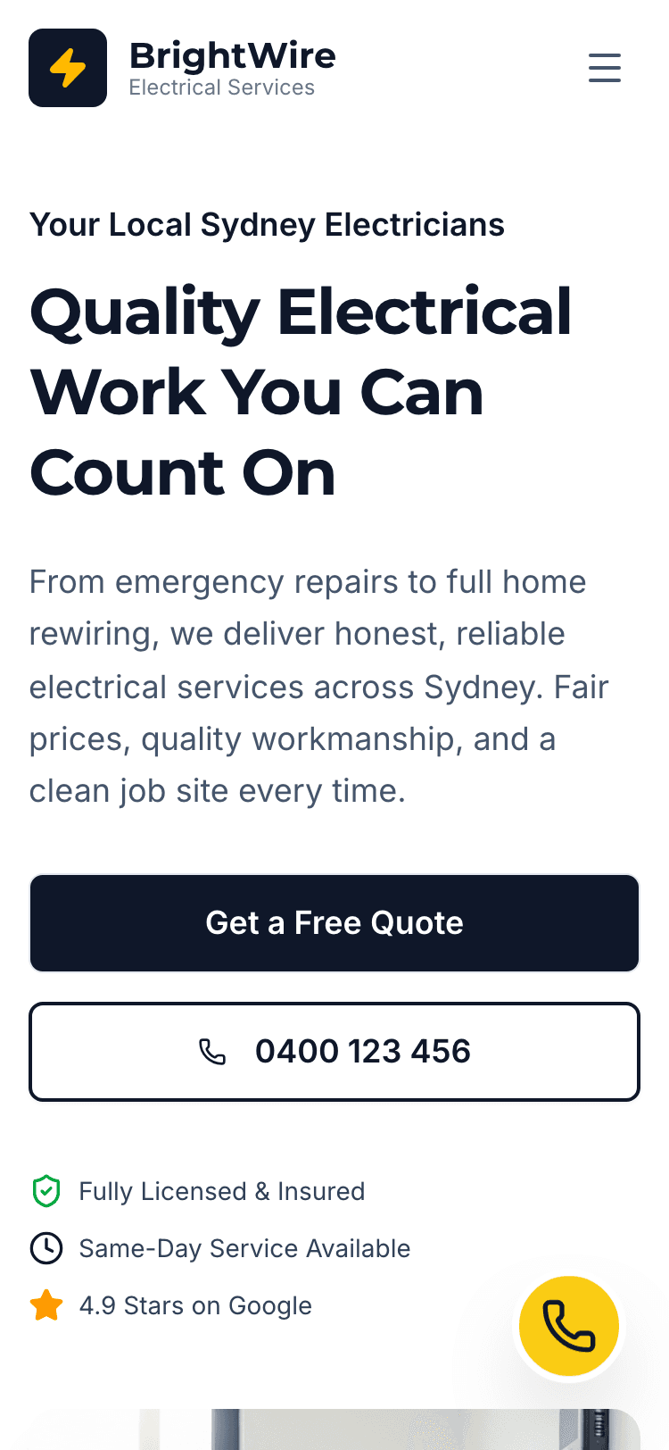 BrightWire Electrical mobile view